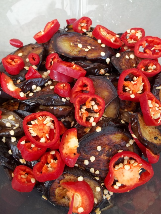 Hot Red Peppers and Fried Eggplant