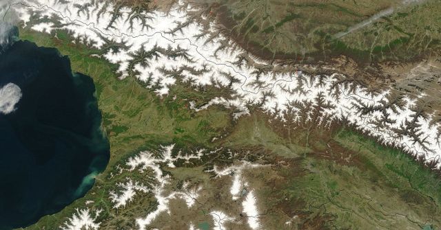 Satellite image of Georgia showing the northern border along the Greater Caucasus Mountain Range. Courtesy of NASA.