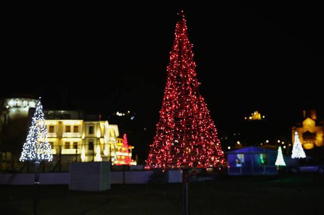 Christmas tree decorations in Europe Square in Tbilisi