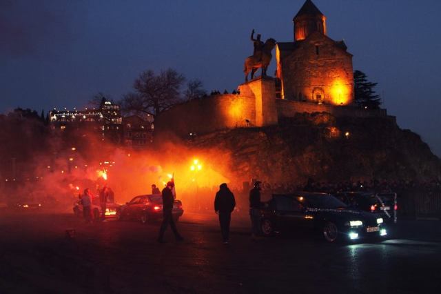 Drifting show on Metekhi Bridge in Tbilisi during the New Year